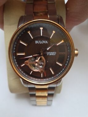 Bulova Two-Tone ROSE GOLD and Silver with Brown Dial Automatic Open Heart Watch